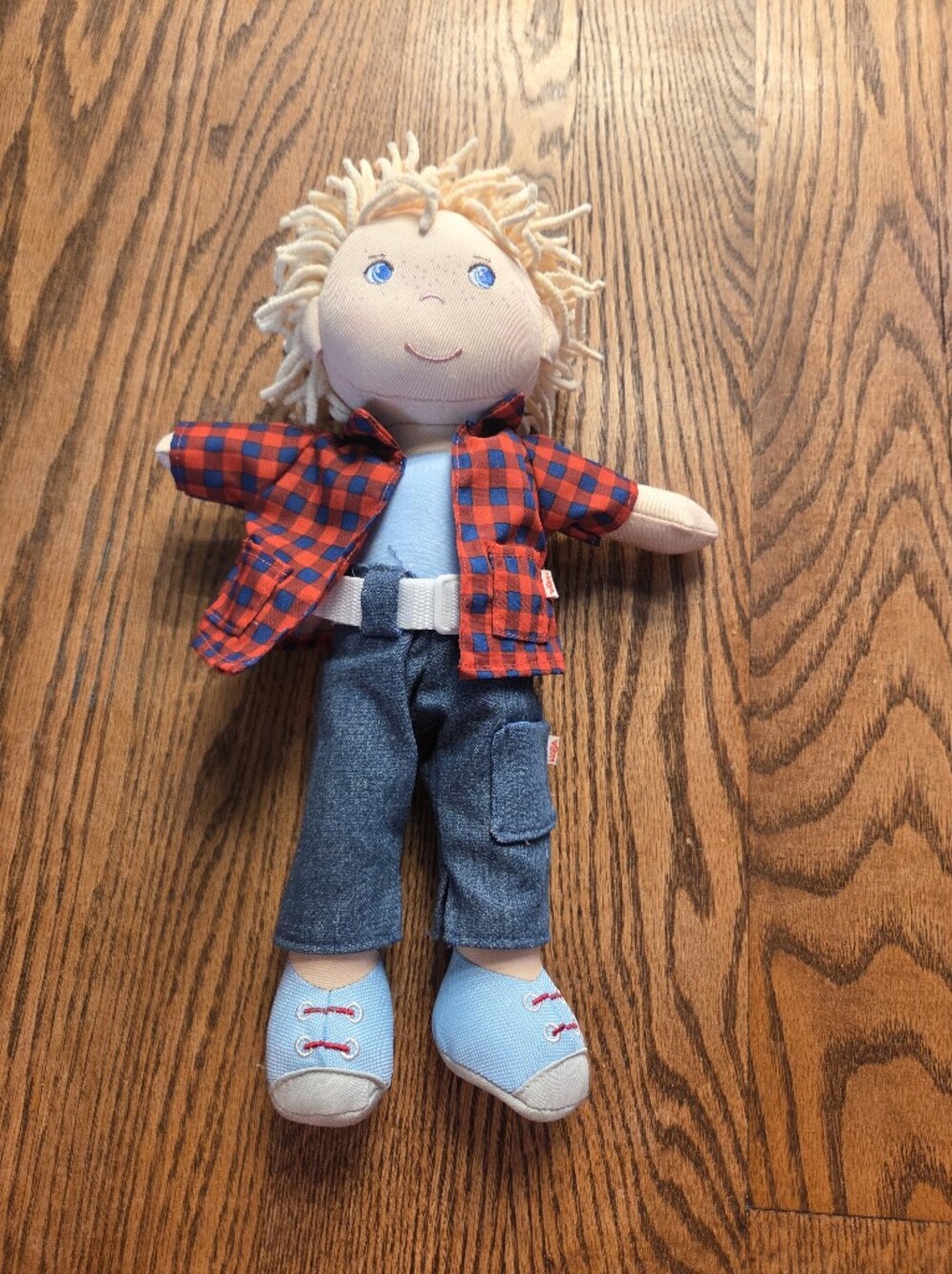 Haba - Nick 12" Soft Blonde Rag Doll in Blue Shirt, Jeans & Red Plaid - 18 Mo + - Picture 2 of 7